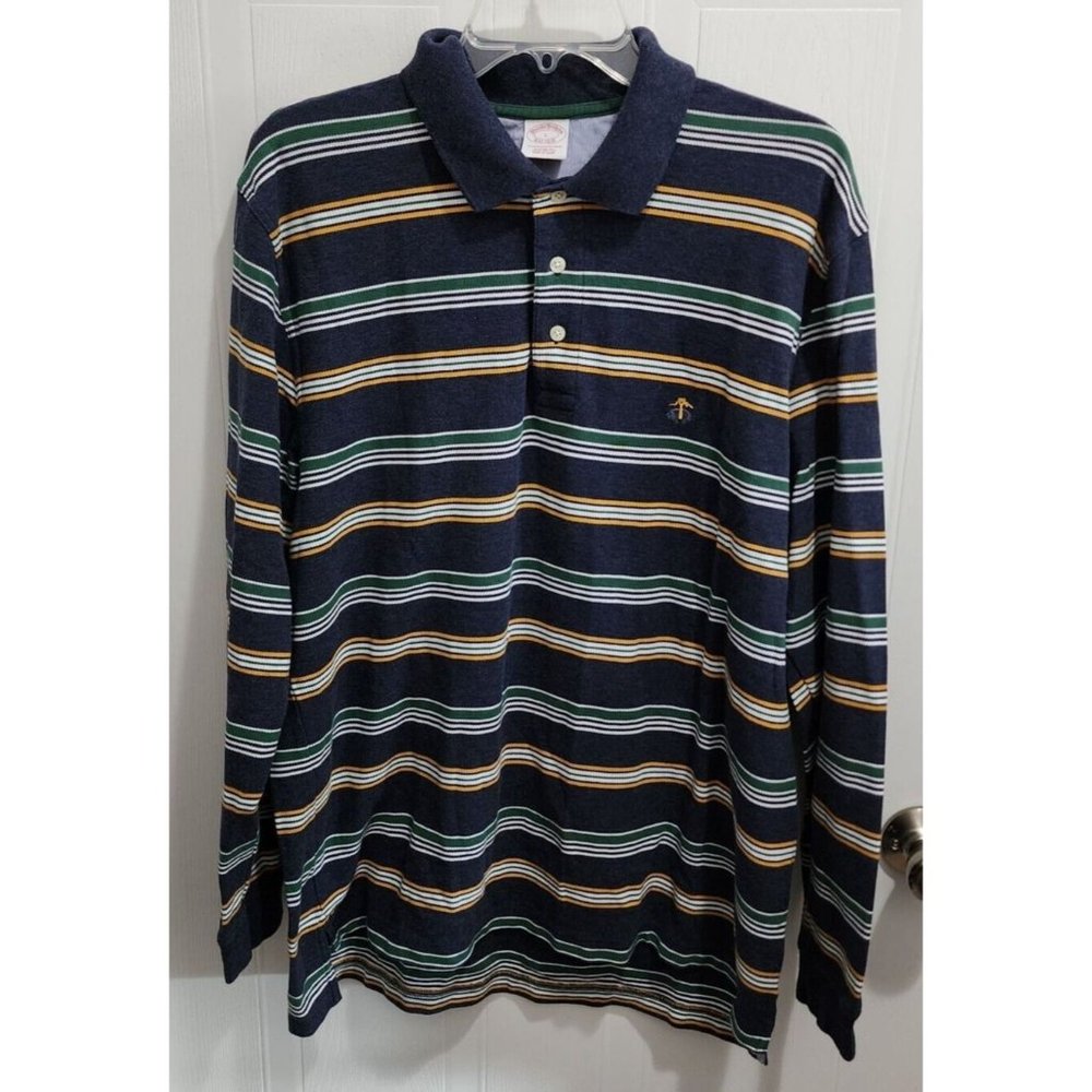 Brooks Brothers Rugby Performance Polo Long Sleeve Shirt Cotton Striped Size‎ L